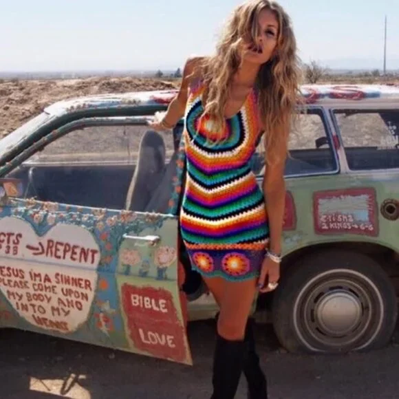 rainbow crochet halter dress Rainbow Stripe Crochet Halter Mini Dress